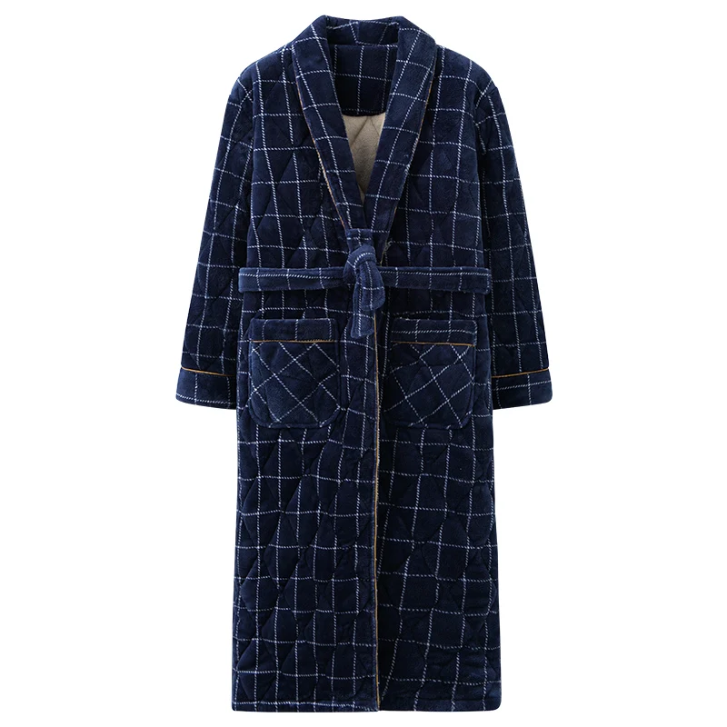 Winter Bath Robe Men Bathroom Robe Male Bathrobe Big Yards L-4XL Quilted Pajama Thick Long Spa Robe Shower Homewear Coral Fleece