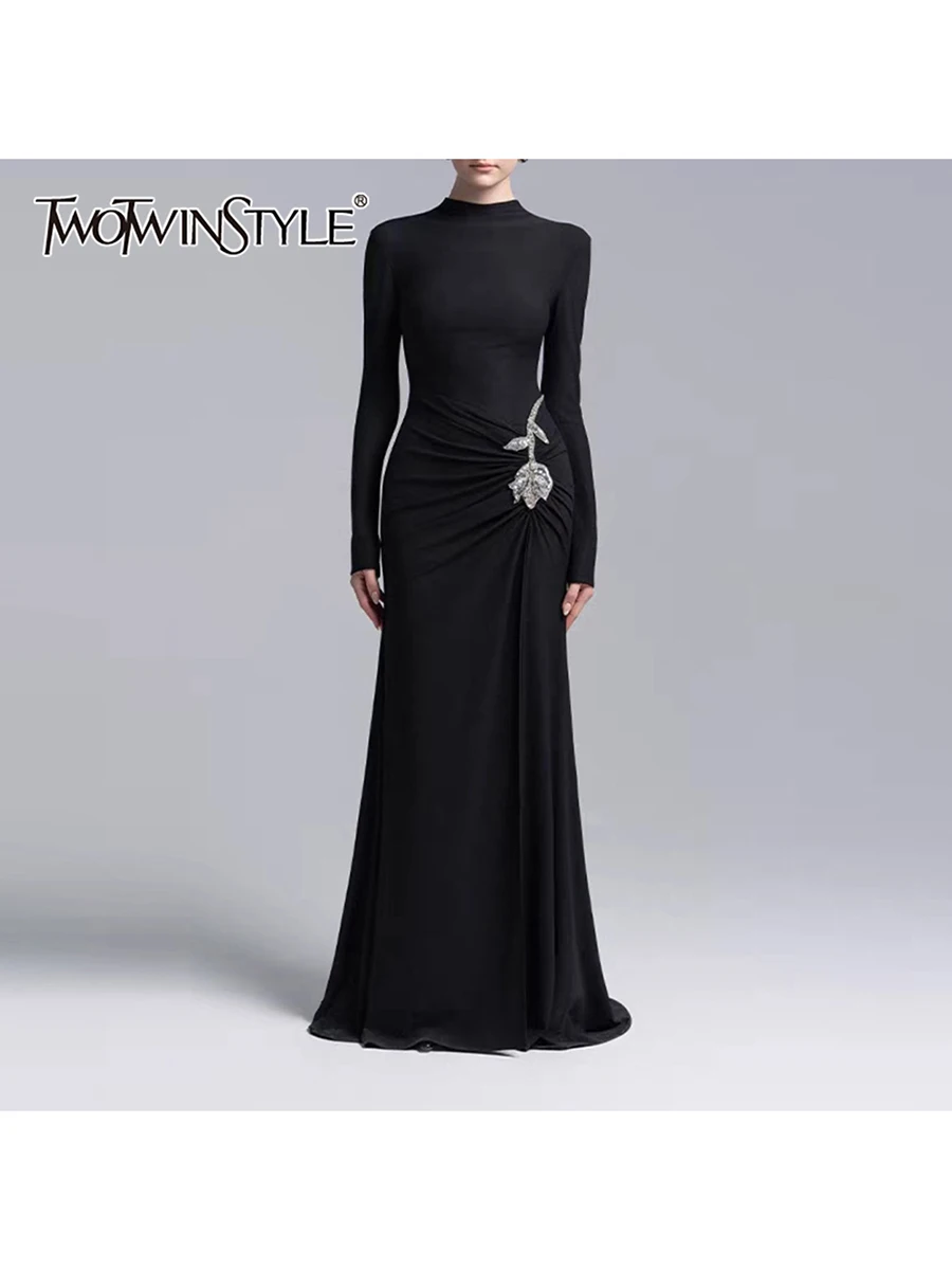 TWOTWINSTYLE Mimimalist Solid Evening Dresses for Women Stand Neck Long Sleeve High Waist Spliced Sequins Rose Dress Female New