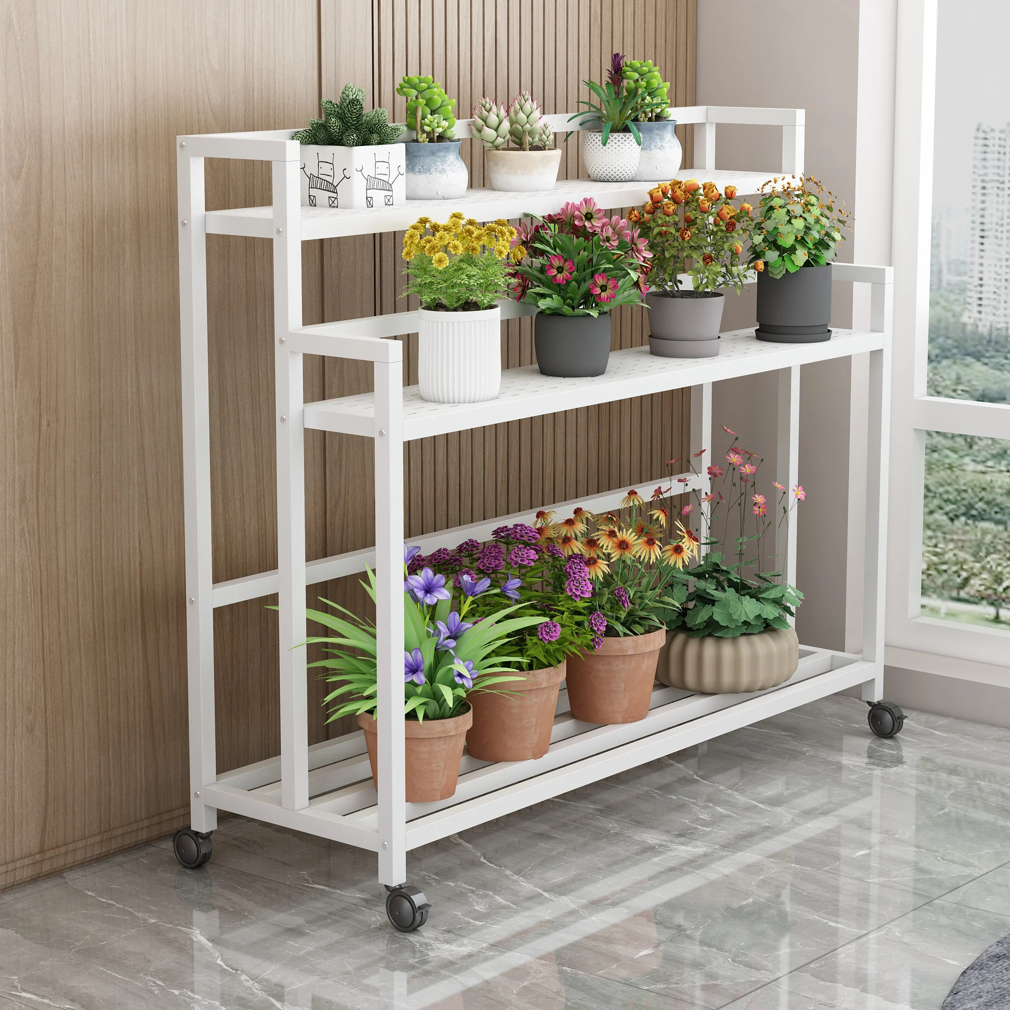 

Balcony Wrought Iron Flower Stand Movable With Wheels Flower Pot Stand Raised Large Flower Pot Placement Frame Two Layers