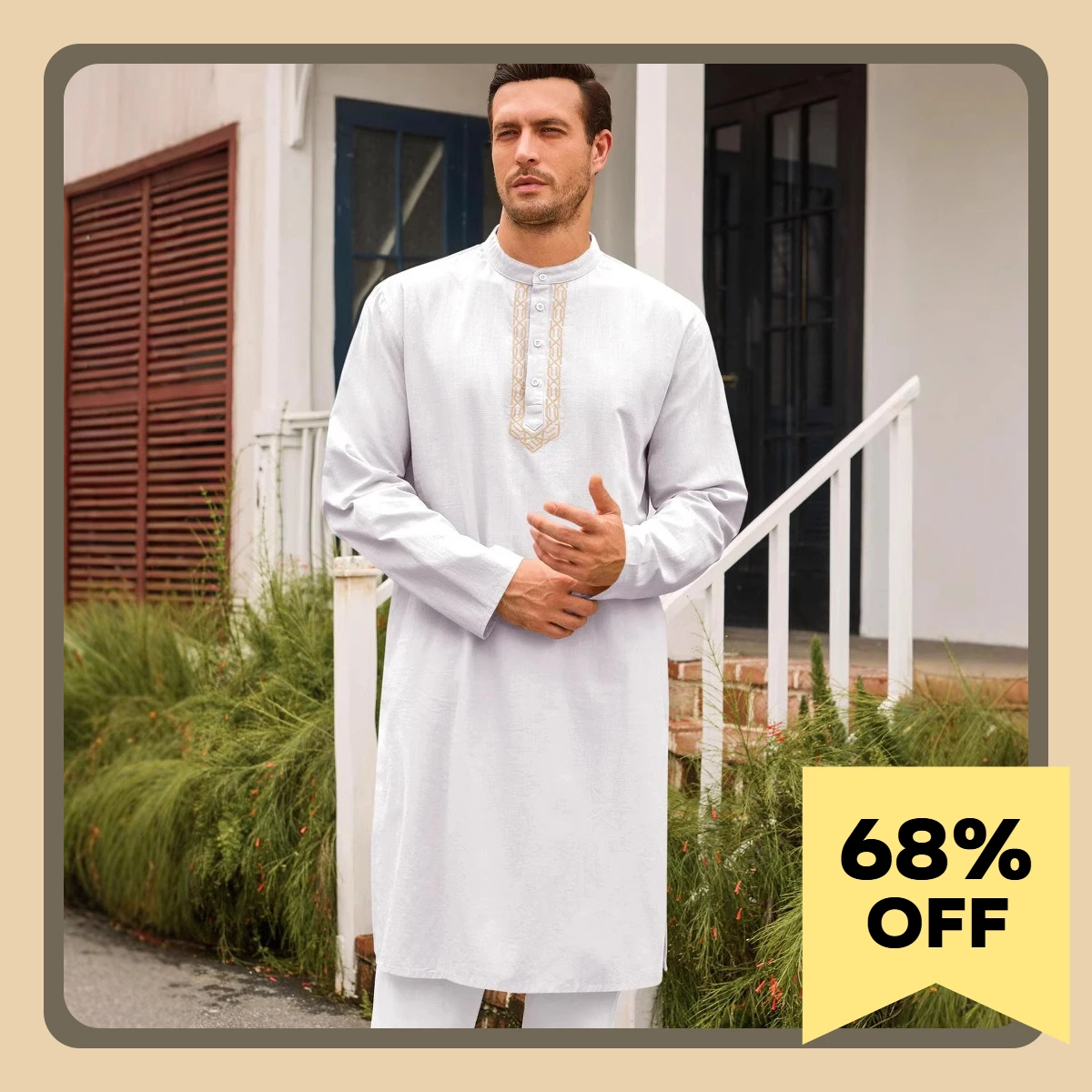 

New! Muslim Men's Solid - colored Short Gowns Round - neck with Embroidery Long sleeved Caftans in Saudi Arabian Style جلابيات