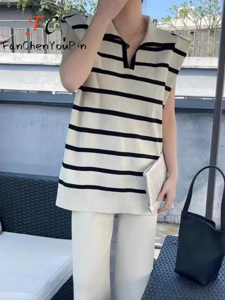 

2024 SpringSummer Women's Pant Set New Loose Striped Polo Neck Vest Top Fashion Loose High Waist Wide Leg Pants Knitted Set