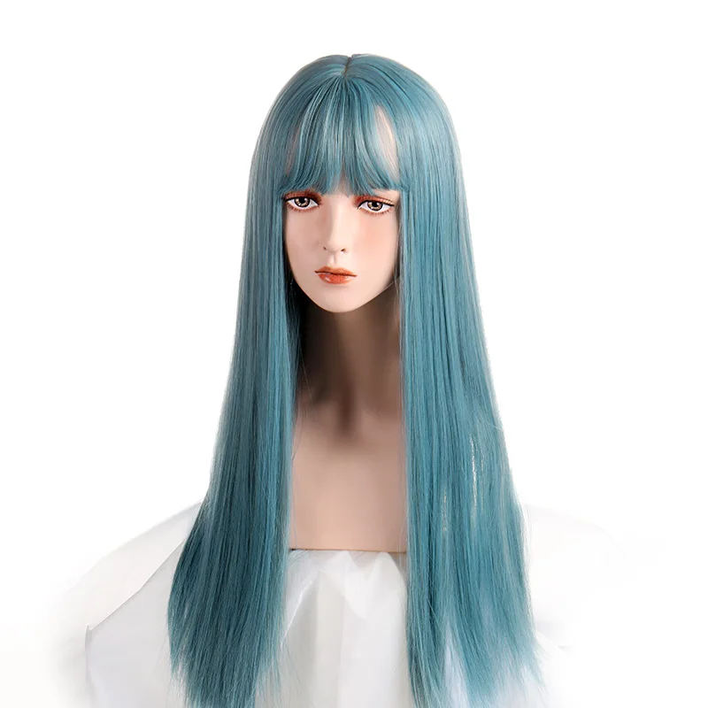 VICWIG Long Cosplay Wig With Bangs Light Blue Purple Synthetic Straight Hair Heat-resistant Rose Net Wigs For Women
