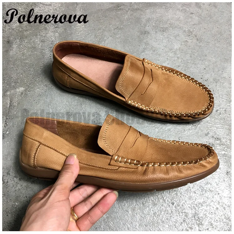 

Cowhide Leather Shoes Retro Slip On Loafers Soft Leather Soft Sole Flat British Style Driving Casual Shoes Men's Handmade Shoes