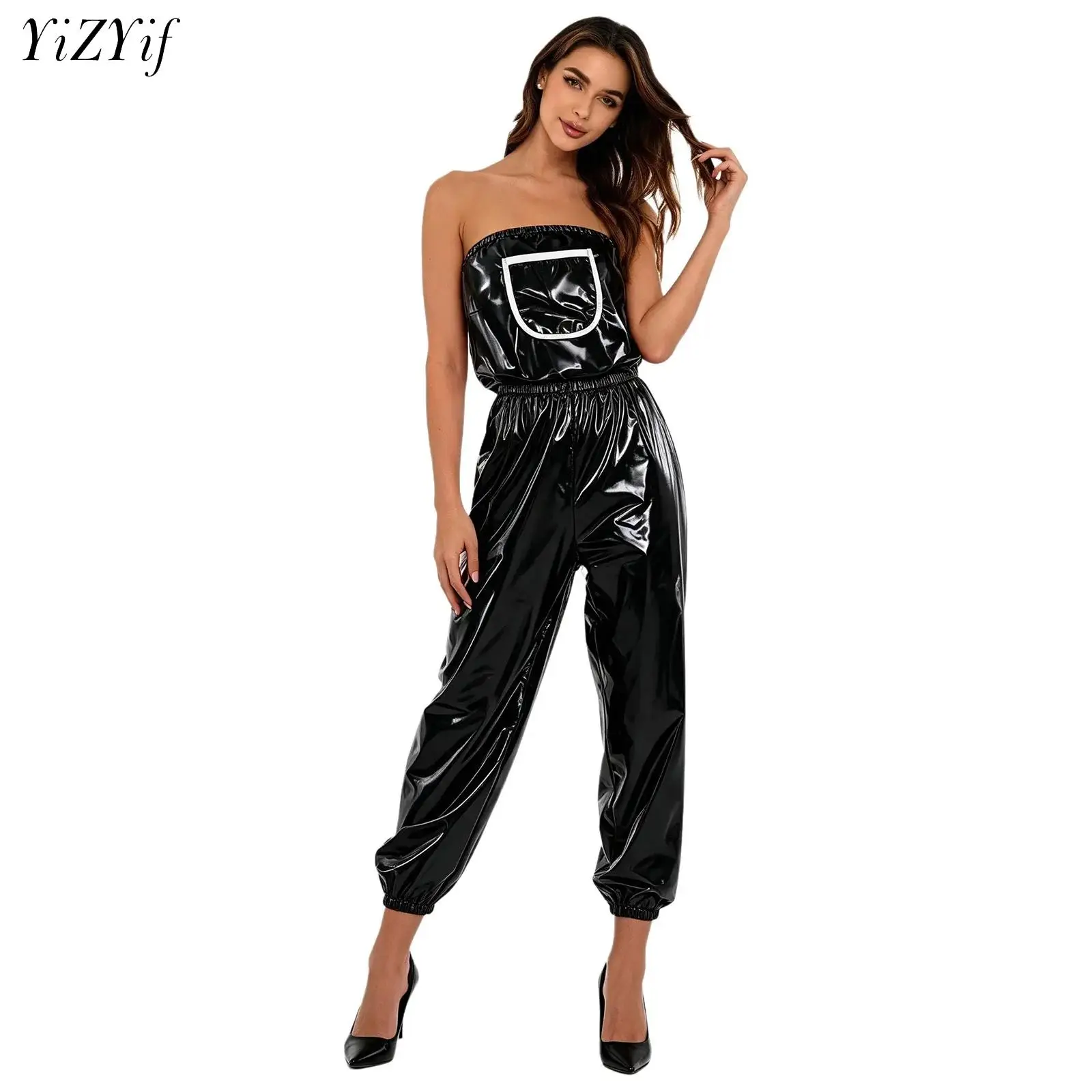 Womens Y2K Glossy Jumpsuit Clubwear Waterproof Off Shoulder Elastic Waist Bodysuit Adaptive Rompers Rave Disco Party Streetwear