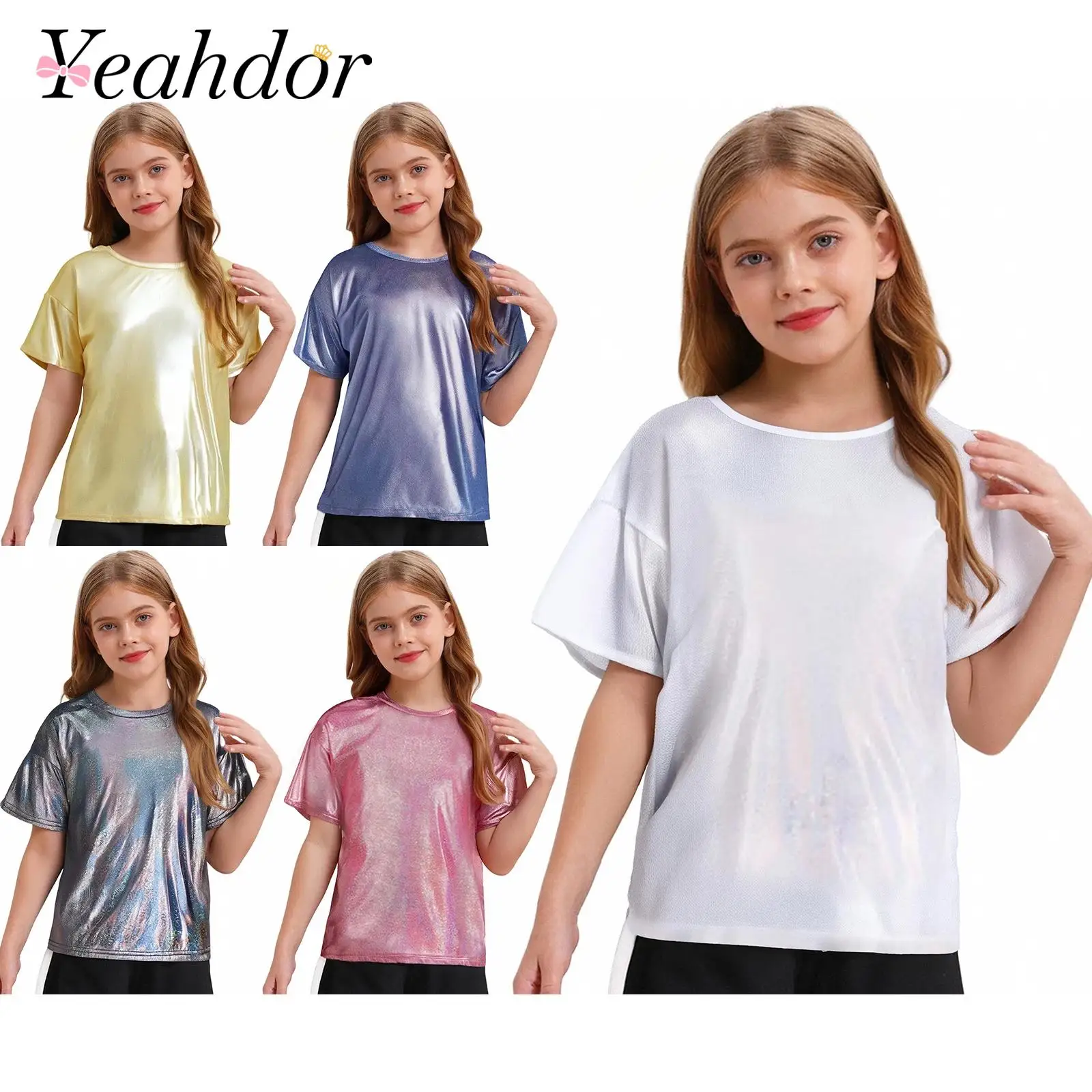 Children T-Shirts Short Sleeve Hip Hop Clothes Fashion Tops Streetwear Girl Boys Tshirts Shiny Metallic Disco Jazz Dance Costume
