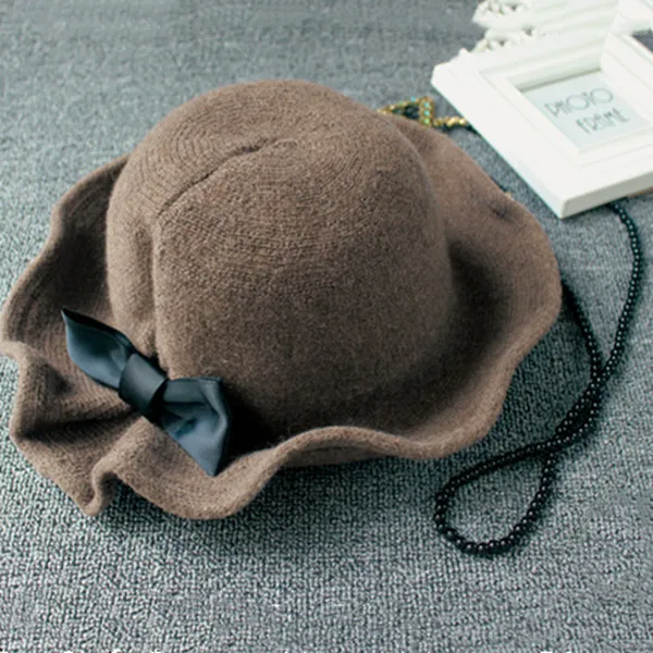 Vintage Wool Bucket Hat for Women - Fashion Bows Fisherman Basin Hat, Winter Warm Ladies Headwear in Black/Coffee/Dark Camel