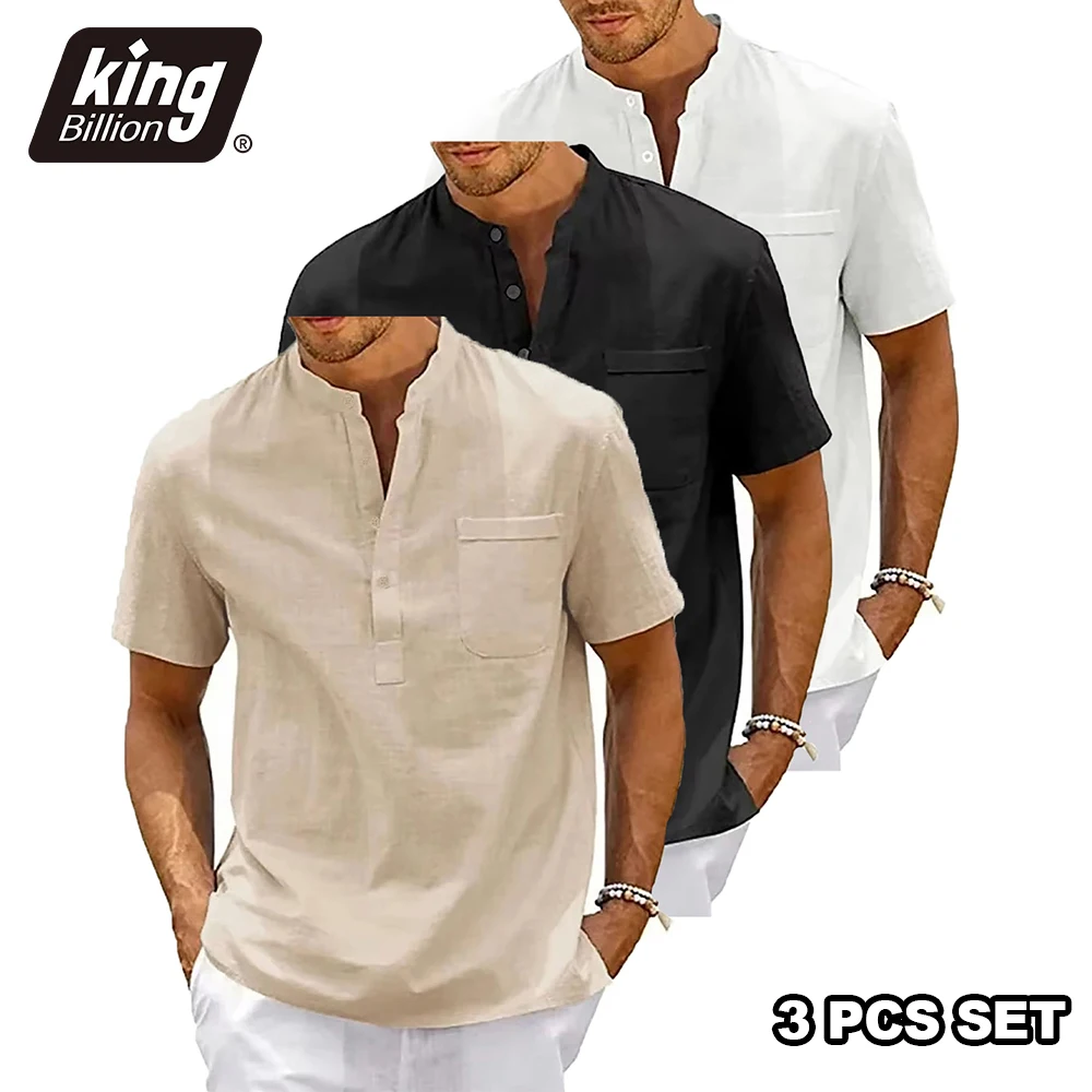 3-teiliges Herren-T-Shirt aus Baumwolle und Leinen für den Sommer mit Tasche, lässig, einfarbig, kurzärmelig, Henley-Ausschnitt, klassisch, atmungsaktiv