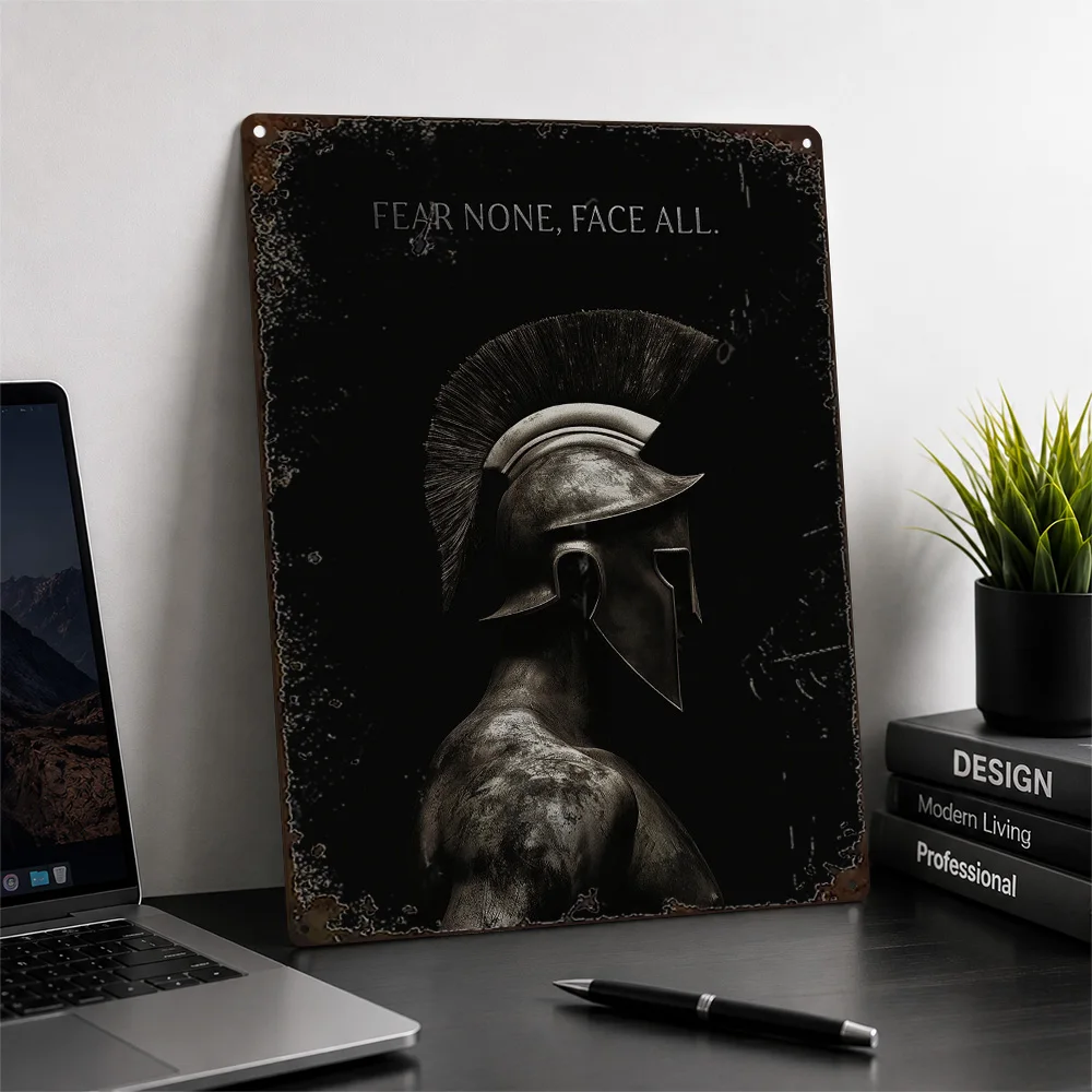 Spartan Fear None Face All Quote Aluminum Poster Monochrome Wall Art For Home Office Customized Metal Sign Philosophy Lover Gift