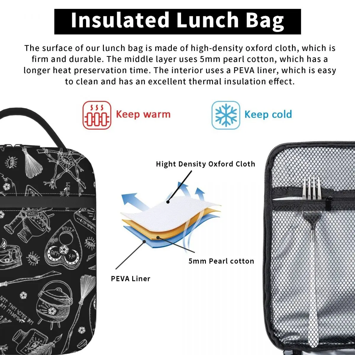 Halloween Witch Themed Insulated Lunch Bag for Women Kids Portable Food Boxes Thermal Lunch Box Tote