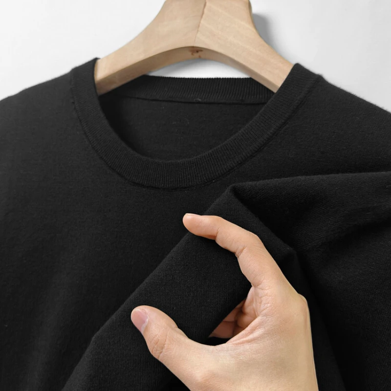 Stretchable Black Half-high Collar Undershirt for Men, Slim-fit Short-sleeved O-neck T-shirt. Knitted Sweater with A High Neck.