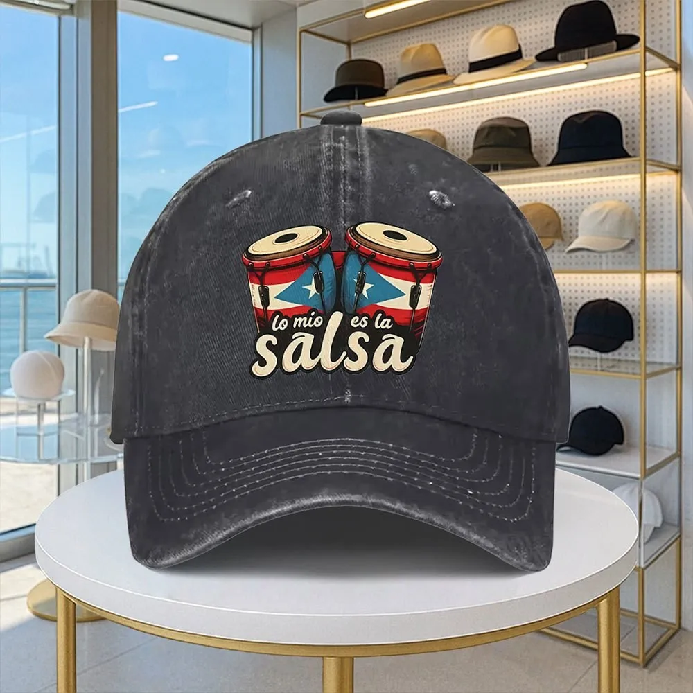 Salsa Music Baseball Cap Puerto Rico Flag Drum Print Washed Denim Adjustable Hat