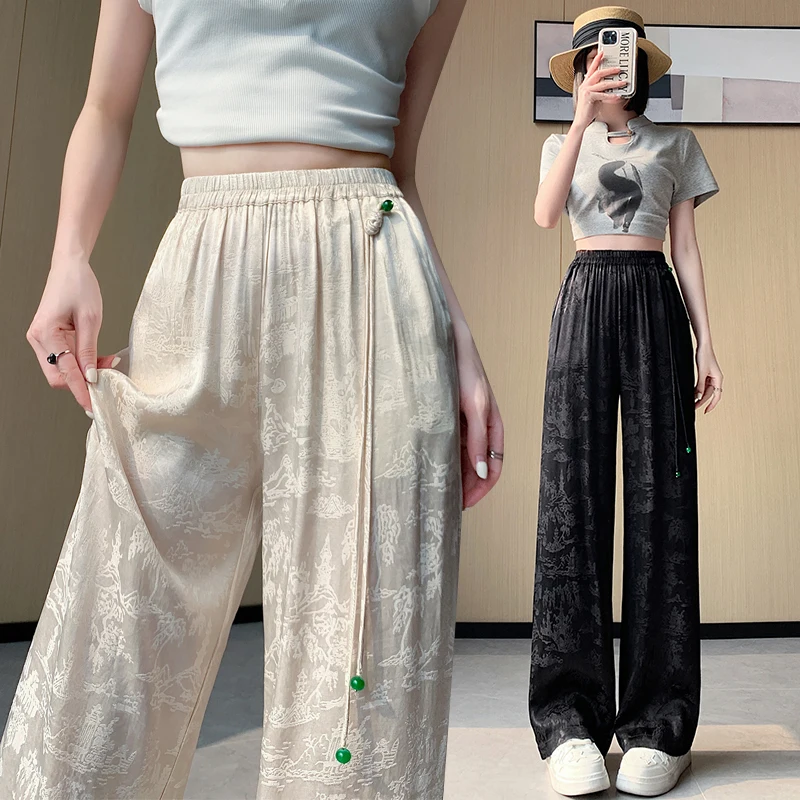 

New Chinese style satin jacquard wide leg pants for women's spring 2024, new high waisted draped straight leg casual pants