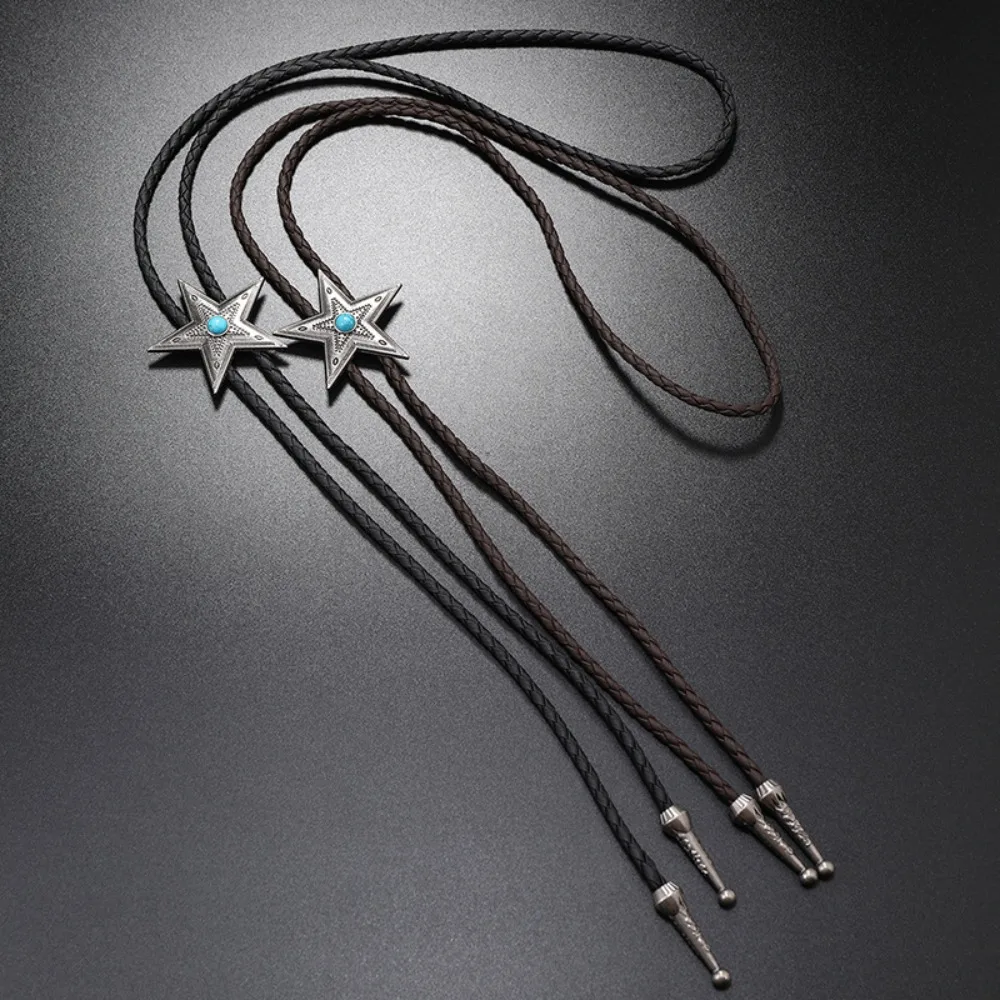 بوهو الخماسية نجمة بولو التعادل بولي PU المنسوجة البلد الغربي نمط الفيروز ريشة قلادة سلسلة الترقوة سترة سلسلة