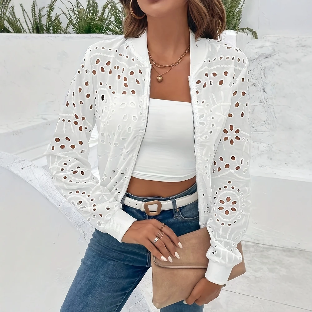 

Women's Summer Cardigan Zipper Hollow out Eyelet Embroidery Cuff Sleeve Open Front Ventilate Daily Top