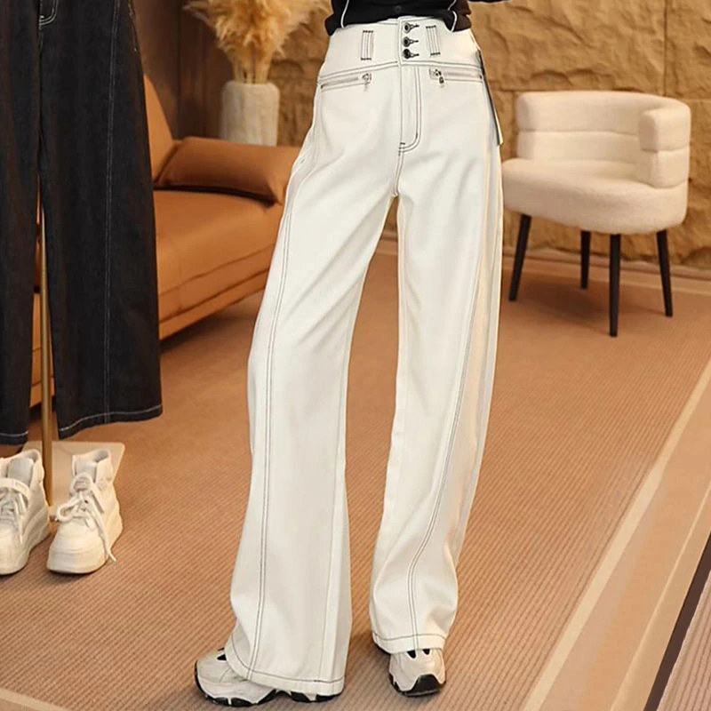 

Women's Chic High Waist Full Length Wide Leg Jeans Lady Streetwear Bright Line Straight Loose Full Length Jeans