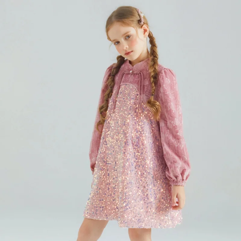 Girls  Winter New Chinese Style Sequin Embroidery Long Sleeve Velvet Sequin Princess Dress