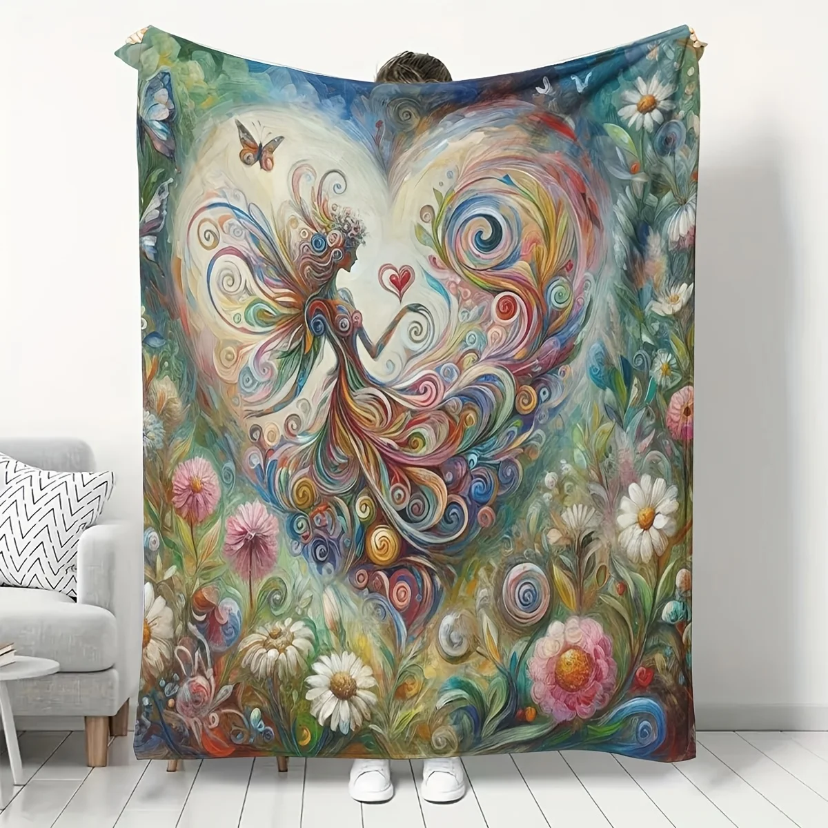 Boho Art Fairy Blanket Vibrant Psychedelic Swirl‑wing Fairy Figure With Little Heart Amid Lush Daisy Colorful Florals Butterfly