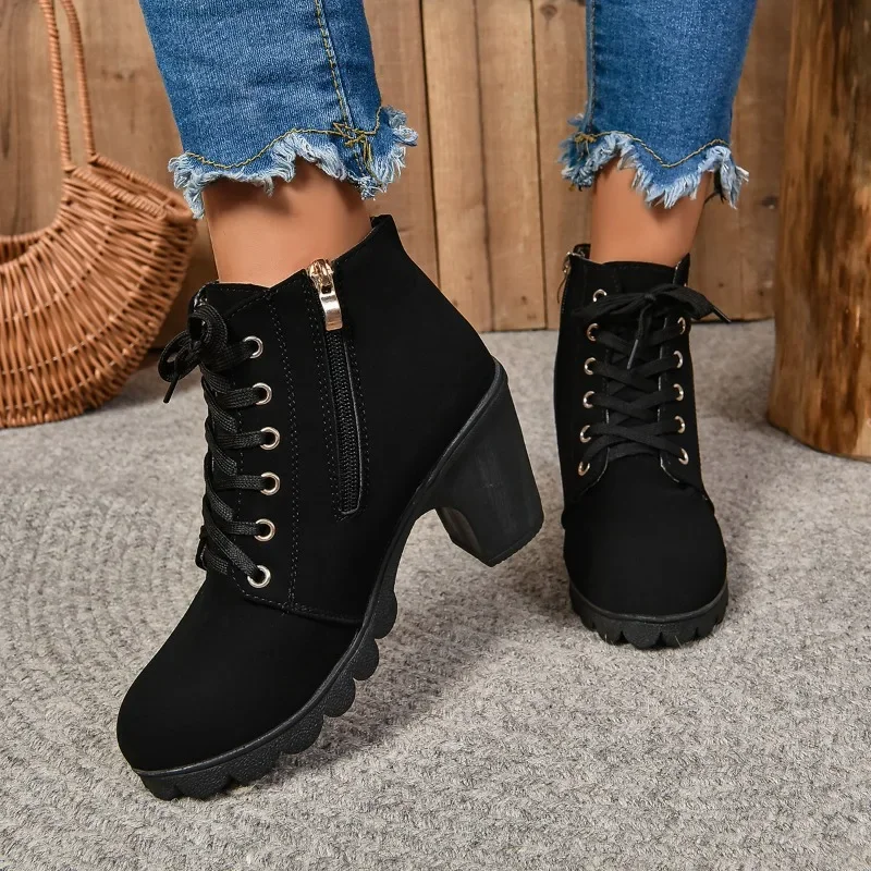 2024Women Shoes Women Fashion High Heel Lace Up Ankle Boots Ladies Buckle Platform Artificial Leather Shoes Bota Feminina