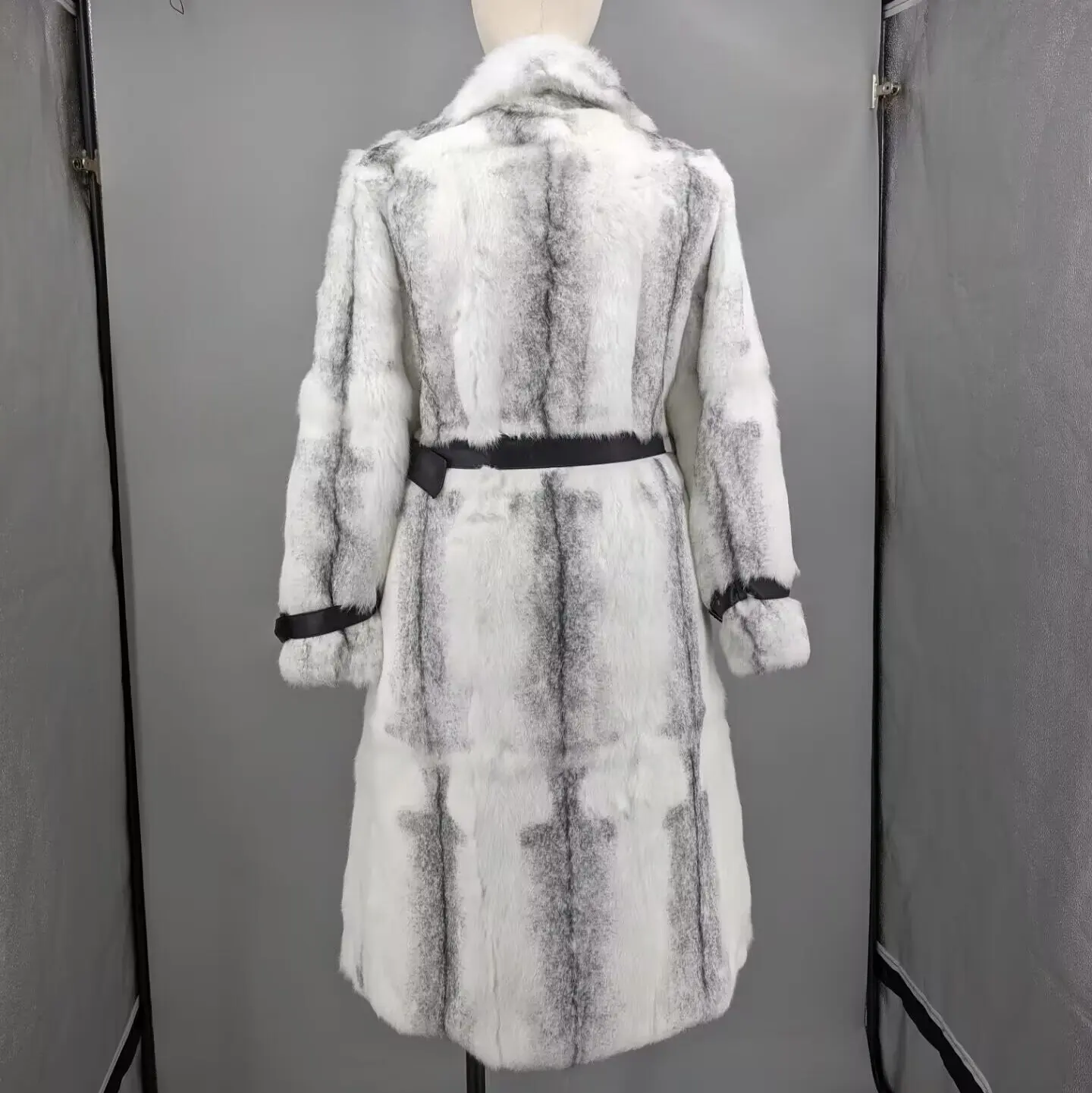 Women White Cross Pattern Real Whole Rabbit Fur Long Coat Notch Lapel Double Breasted Belted Luxury Winter Fur Outerwear 240607