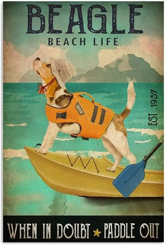 Metal Sign Beagle Beach Life When in Doubt Paddle Out Retro Sign Aluminum Tin Sign for Home Office Cafe Bar Farm Dog Tin Sign