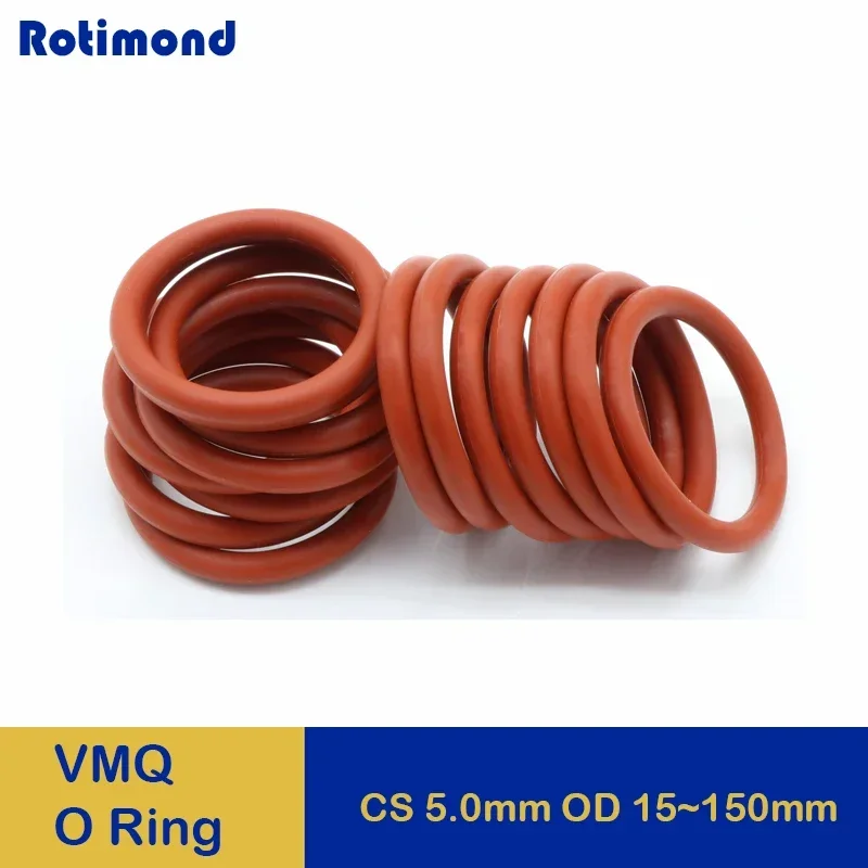 

10pcs VMQ O Ring Seal Gasket CS 5mm OD 15 ~ 150mm Silicone Rubber Insulated Waterproof Washer Round Shape Red Nontoxi