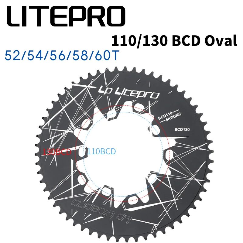 LITEPRO Oval Chainring 130 110 BCD Folding Bike Super Light Chain Wheel Crank Crankset 130BCD 52T 54T 56T 58T 60T