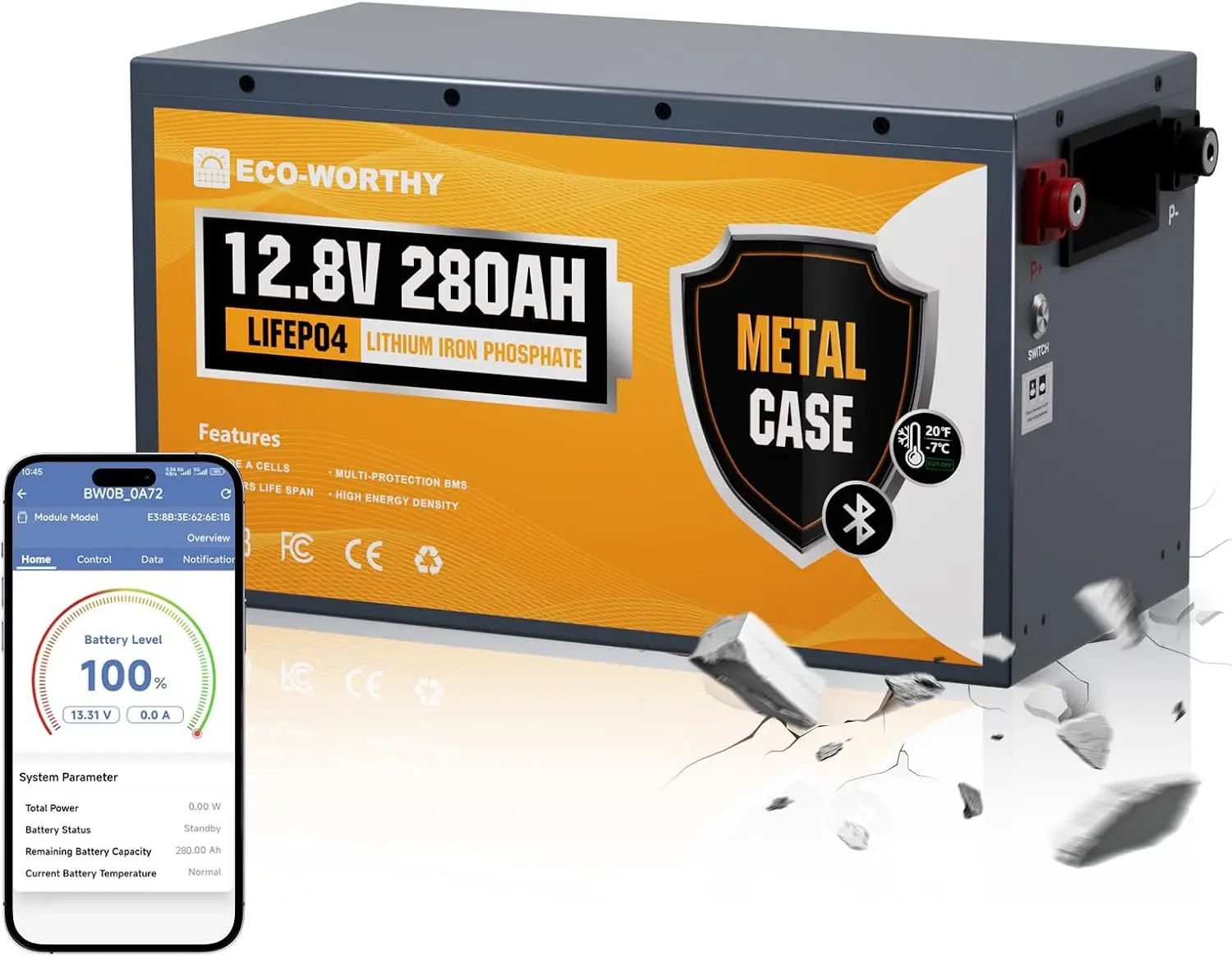 

ECO-WORTHY 12V 280Ah Metal Case LiFePO4 Lithium Battery with Bluetooth, Low-Temp Protection, Built in 200A BMS, 3584Wh Max for Off-Grid Solar, RV, Camper, Trolling Motor,
