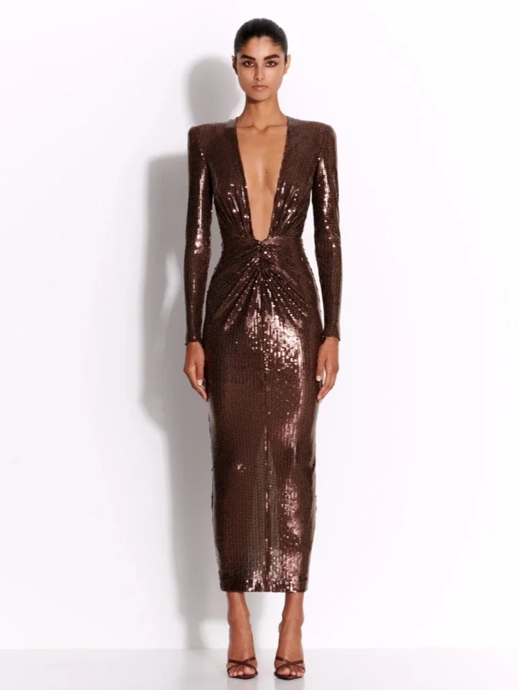 Sexy Deep V  Long Sleeve Sequins Maxi Dresses for Women Brown Sparkly Ruched Bodycon Runway Celebrity Evening Party Club Dress