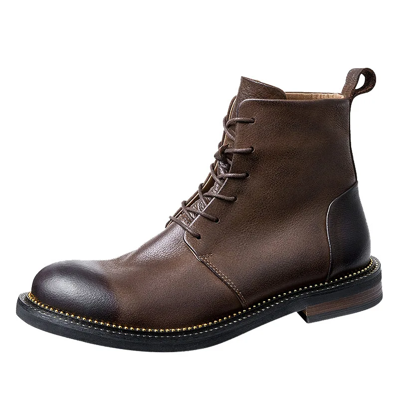 Fleece mid-top high-end men's cowhide boots British retro handmade  boots men's genuine leather high-top men's boots - Image 5