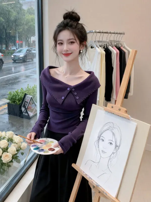 

Slimming Purple Knitwear Gentle Sle Unique Design Casual Comfortable Cotton Long Sve Women's Faion Autumn Winter Top