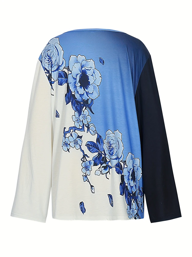 Plus Size Women Color Block Blue Rose Floral 3/4 Sleeve Tops Irregular Neck Loose Casual Vintage Bohemian Daily Ladies Blouses view 4