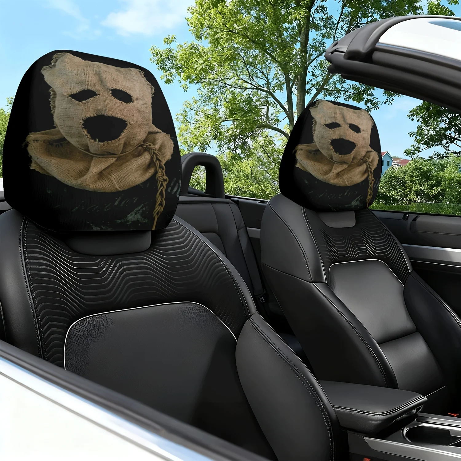 2pcs Car Headrest Covers Featuring a Mysterious Plush Toy Art Theme Print, Designed for Car Seat Cushions And Neck Pillows. wi