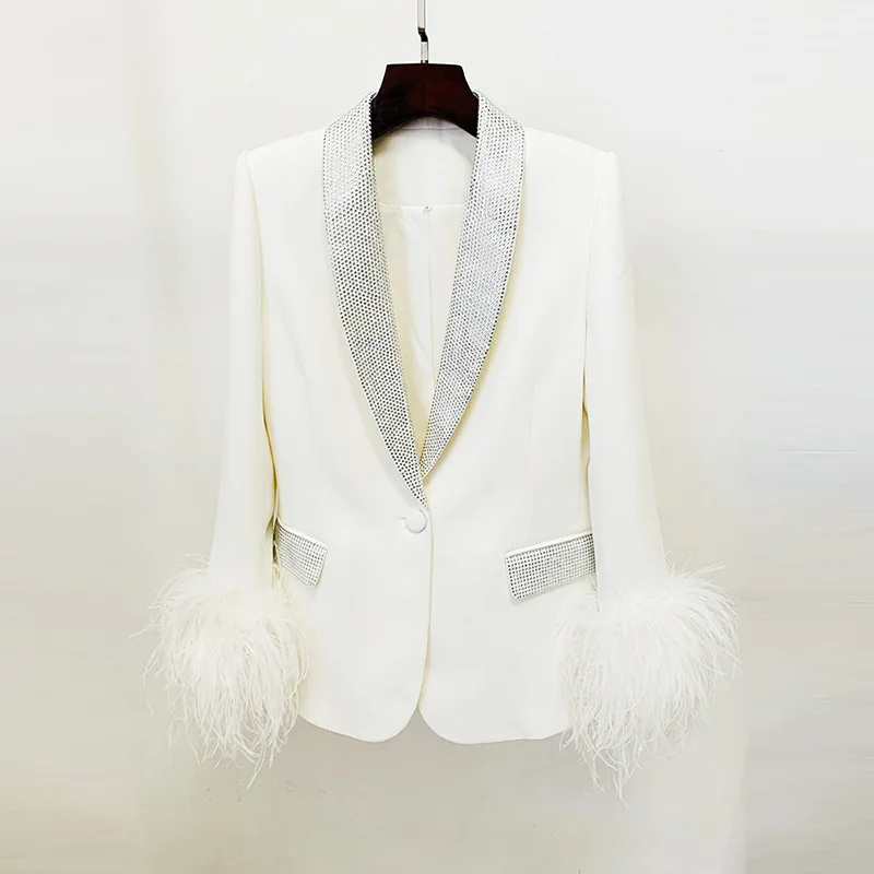 Barbiecore-Blazer e calças de luxo feminino com plumas de cristal, terno rosa elegante, roupas de negócios, jaqueta senhora do escritório, mulher