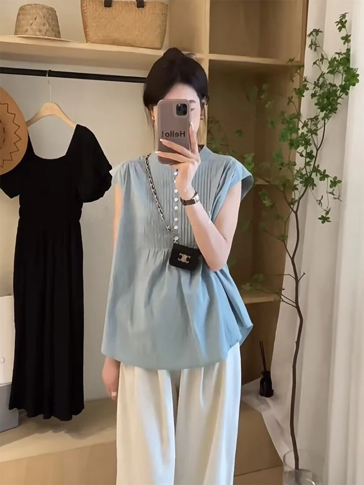 

Loose Fit Korean Sle Lazy Faion Women's Summer irt Svel Stand Collar Vest Ele acious Pleated Casual irt