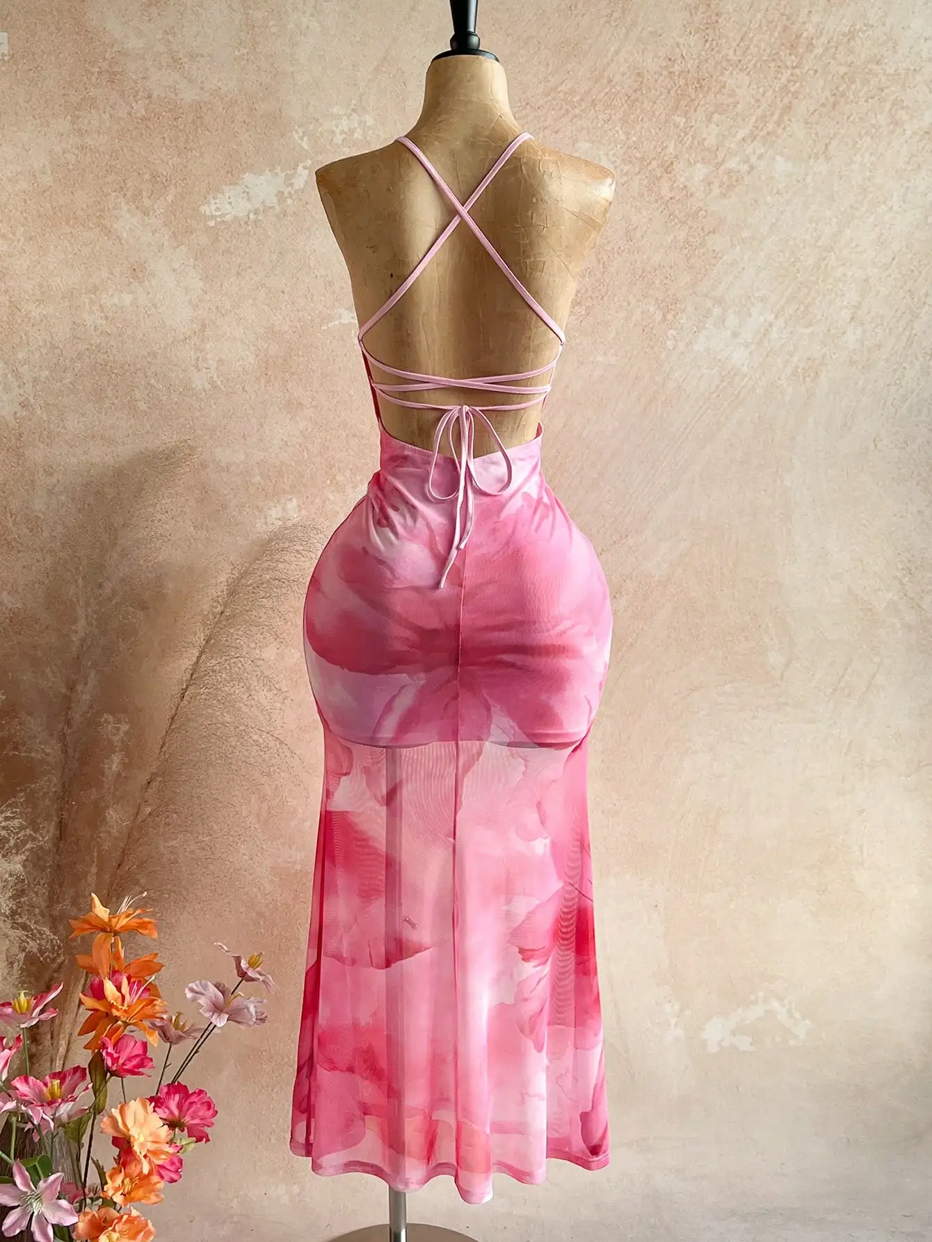

Women's Sexy Backless Floral Mesh Lace Trim Dress For Beach Holiday Valentine Party