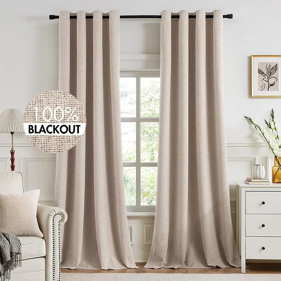 

100 Blackout Linen Textured Curtains for Bedroom 102 Inches Extra Long Thermal Insulated Natural Beige Grommet Room Darkening C