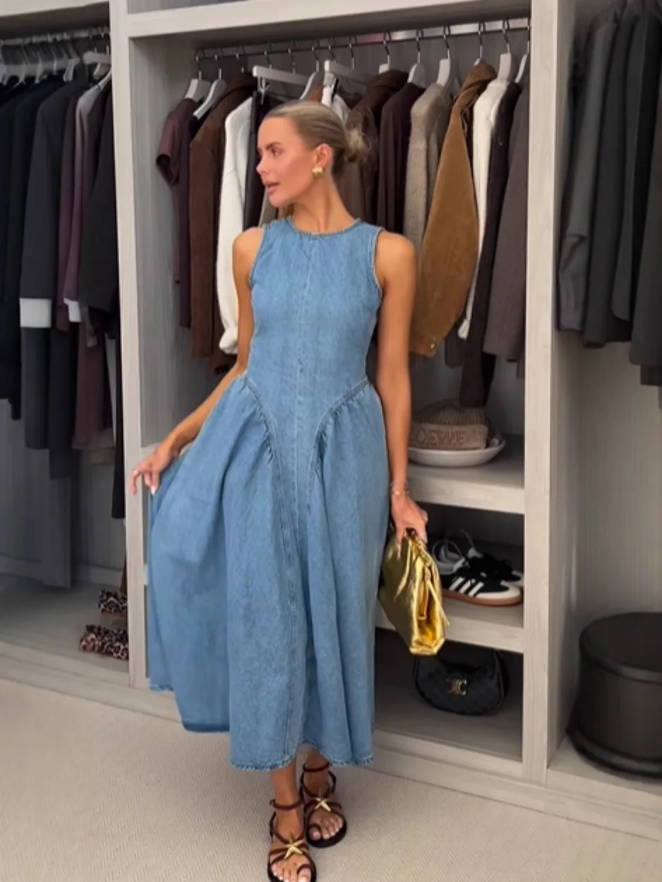 Elegant Backless Lace Up Blue Denim Dress Women Casual O Neck High Waists Sleeveless A Line Dress 2025 Summer Fashion Long Dress