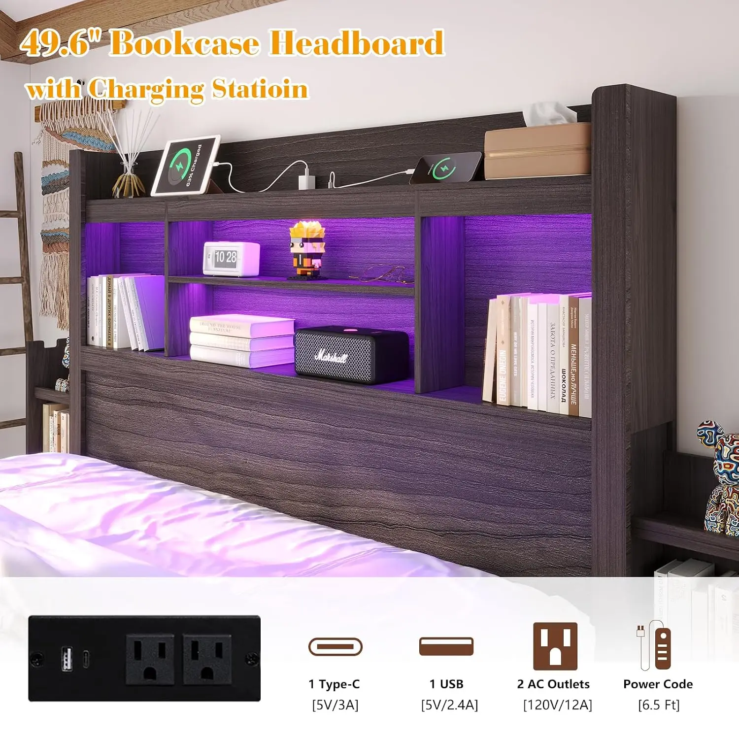 King Bed Frame Storage Bookcase Headboard Metal Platform No Box Spring Needed Bedroom Furniture, Customized image 4