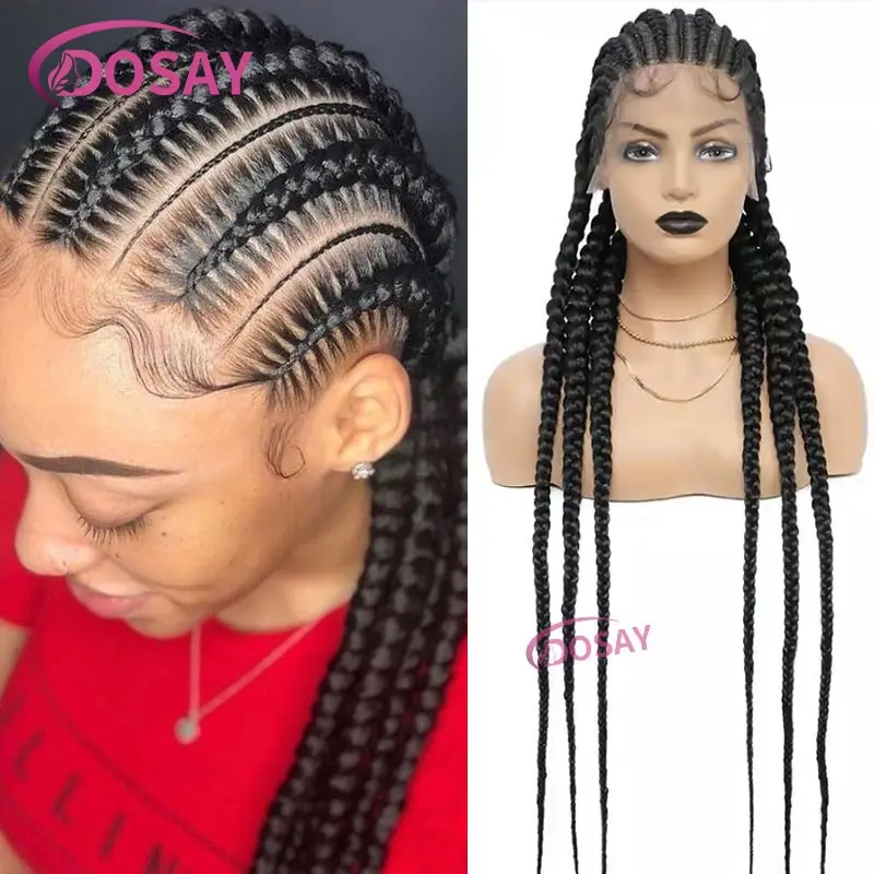 36 Inch Cornrows Gevlochten Pruiken Synthetische Full Lace Pruik Voor Zwarte Vrouwen Jumbo Gevlochten Pruiken Lace Frontale Faux Locs Box Vlechten Pruik