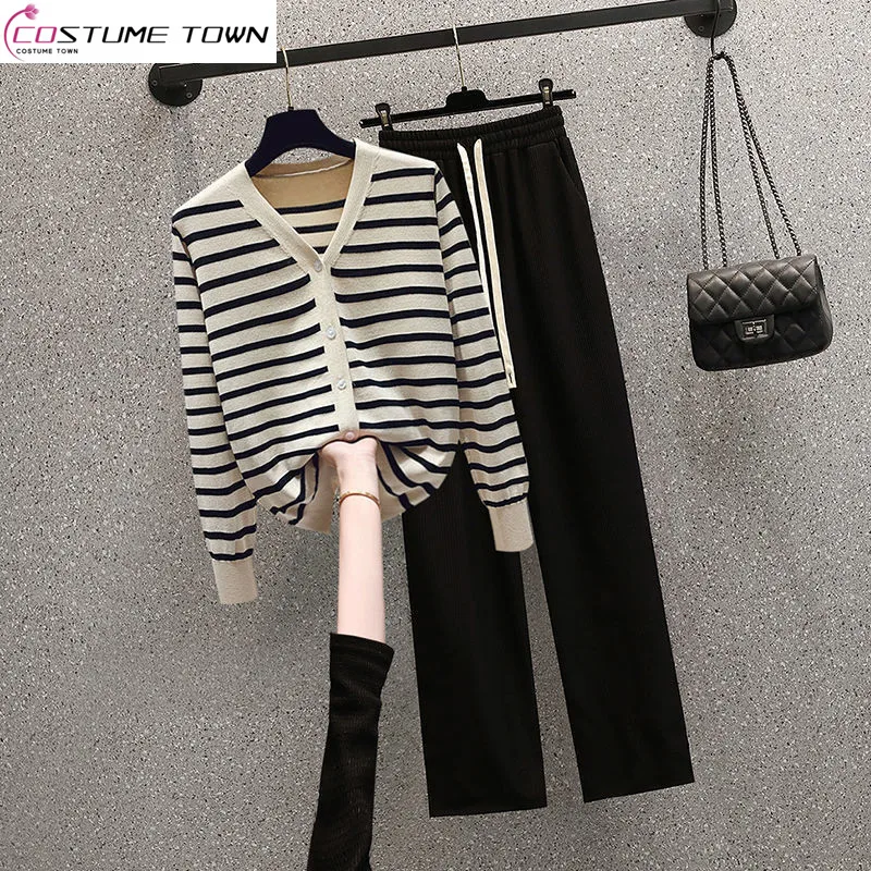 Fashion Women\'s Set Spring and Autumn Season New Western Style Slimming Stripe Knitted Sweater Casual Pants Two Piece Set