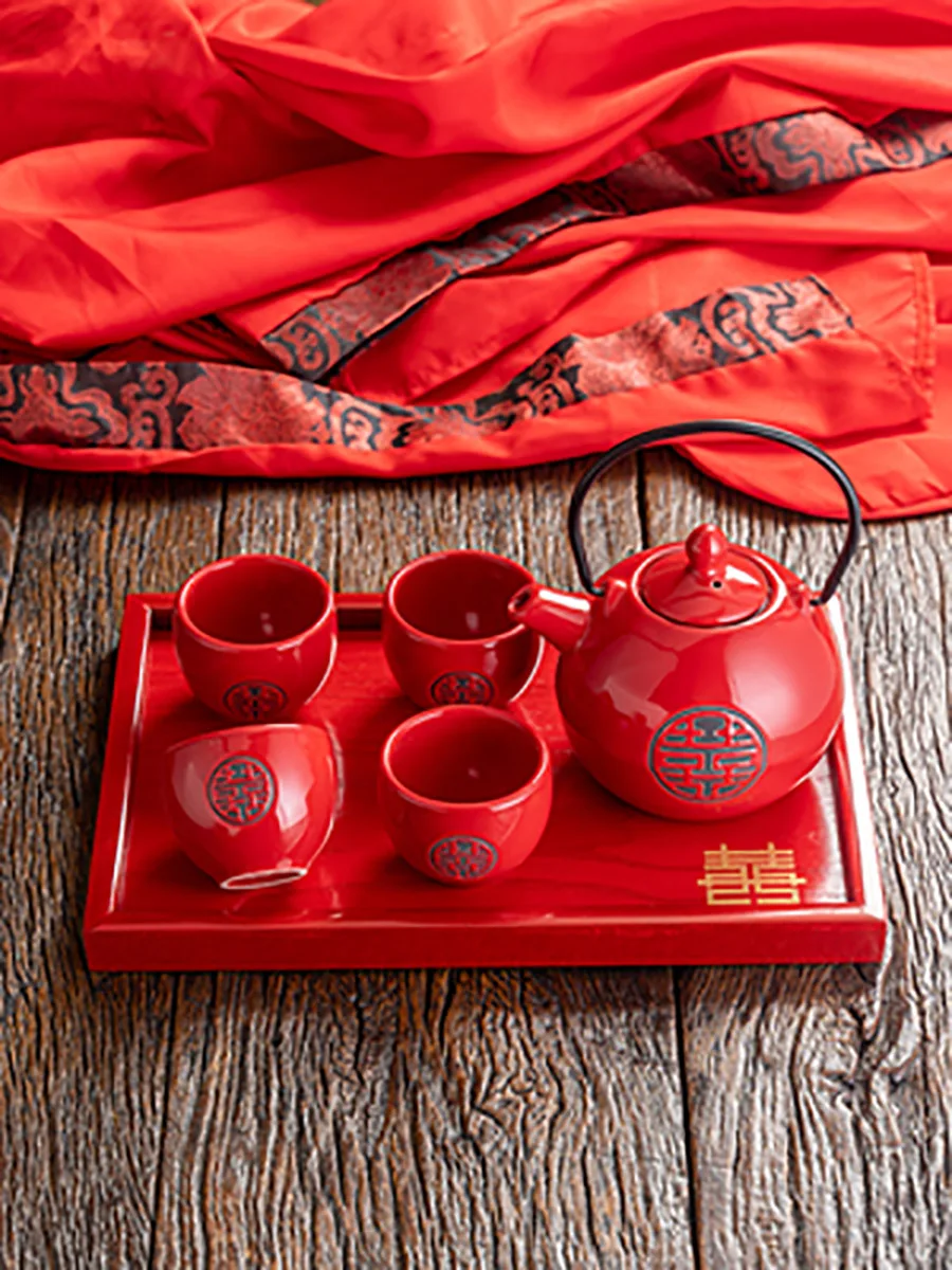 Chinese Traditional Wedding Ceramic Tea Set, Red Kettle, Double Happiness Teapot, Teaware, Newlywed Gift, Wedding Banquet Supply