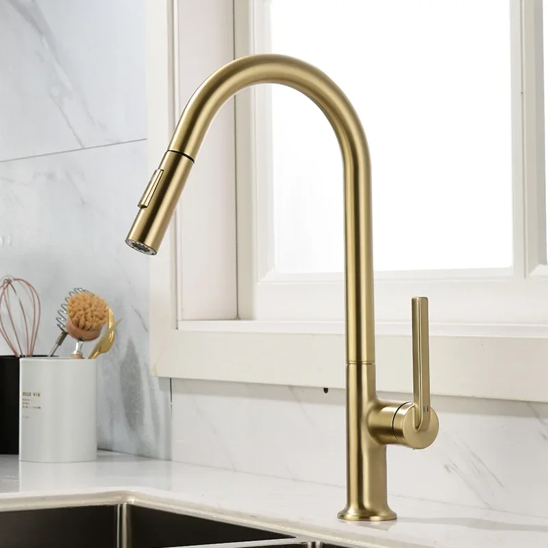 

Brushed Gold Pull Out Kitchen Faucet Water Filter Tap Brass Crane For Kitchen Black Sink Faucet Mixer 3 Way