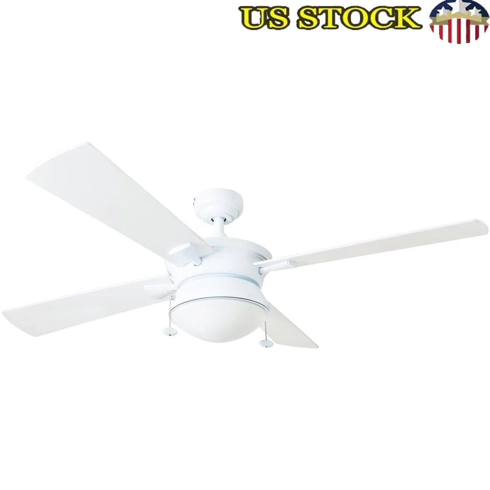 

52-дюймовый внутренний уличный потолочный вентилятор с 4 лопастями, комплект освещения, тяговые цепи, реверсивный двигатель, тихий энергоэффективный патио, крыльцо, гараж