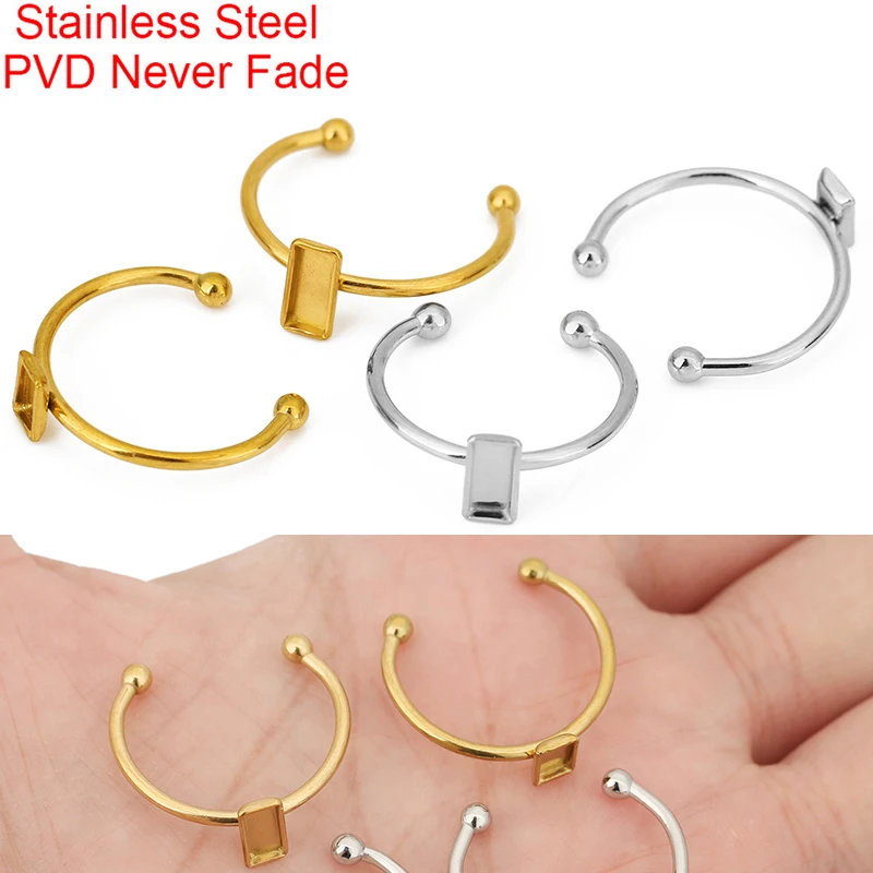5pcs Adjustable Stainless Steel Square Ring Settings 3x5 3x7 mm PVD Never Fade Cabochon Cameo Ring Base For Diy Jewelry Making