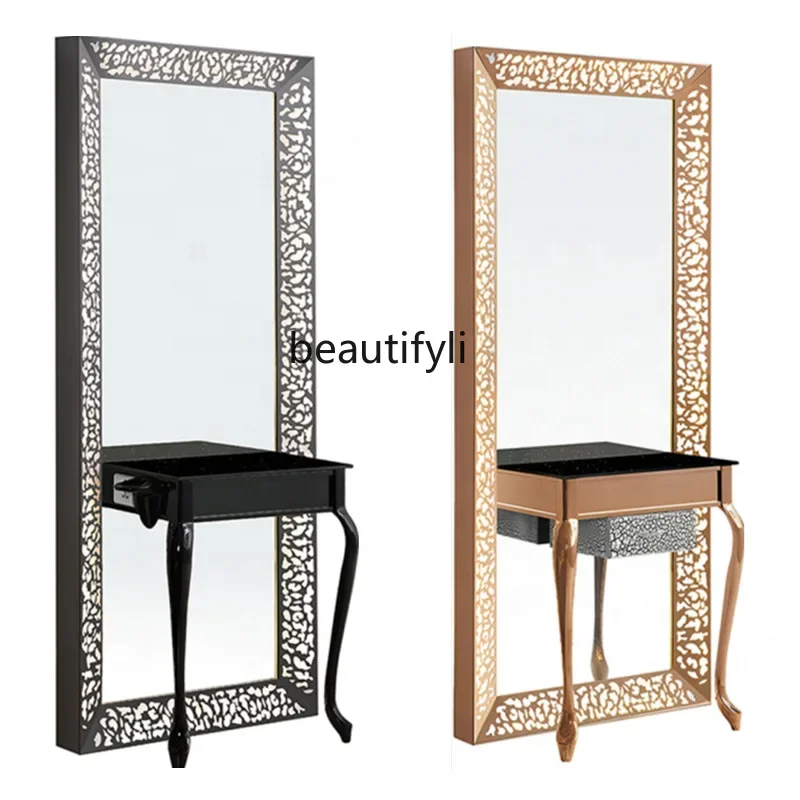 

Hair Salon Mirror, Barber Shop, Desktop Double Mirror Beauty Makeup Table with Drawer Gold