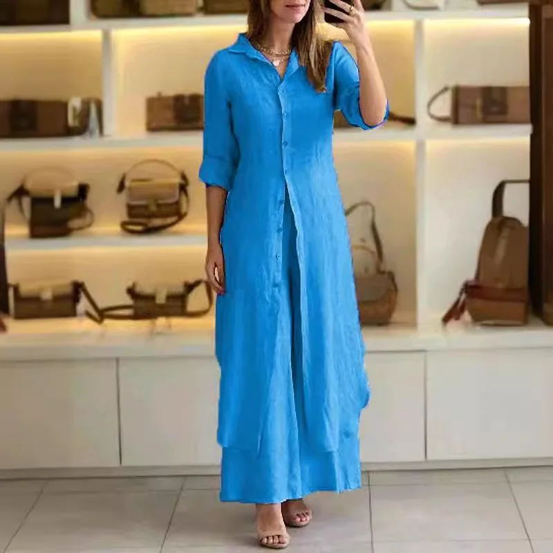 New Summer and Autumn Urban Elegance Cotton and Linen Slim-fitting Waist Long Shirt Wide-leg Pants Set