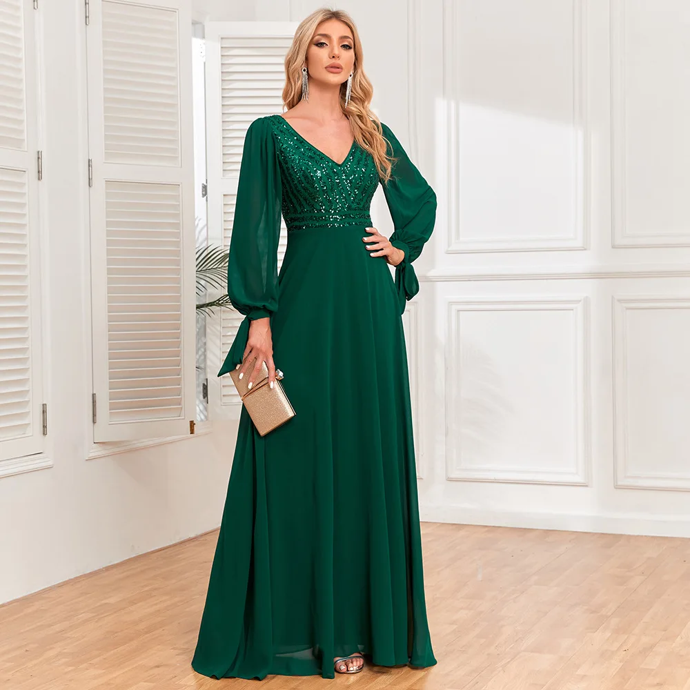 

New long-sleeved lace-up high-quality double V-neck bead splicing chiffon A-shaped large pendulum fully lined party evening dres