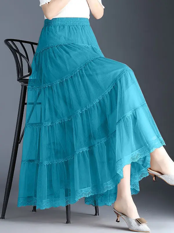 

A-Line Pleated Skirt High Waist Midi Skirt Lace Trim Me Gored Skirt Street Sle Pure Color Long Skirt for Women 8-24 Year...