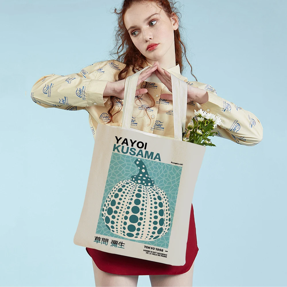 Japan Yayoi Kusama Dots Pumpkin Retro Lady Shopping Bags Nordic Shopper Bag Double Print Women Supermarket Handbag Canvas Tote