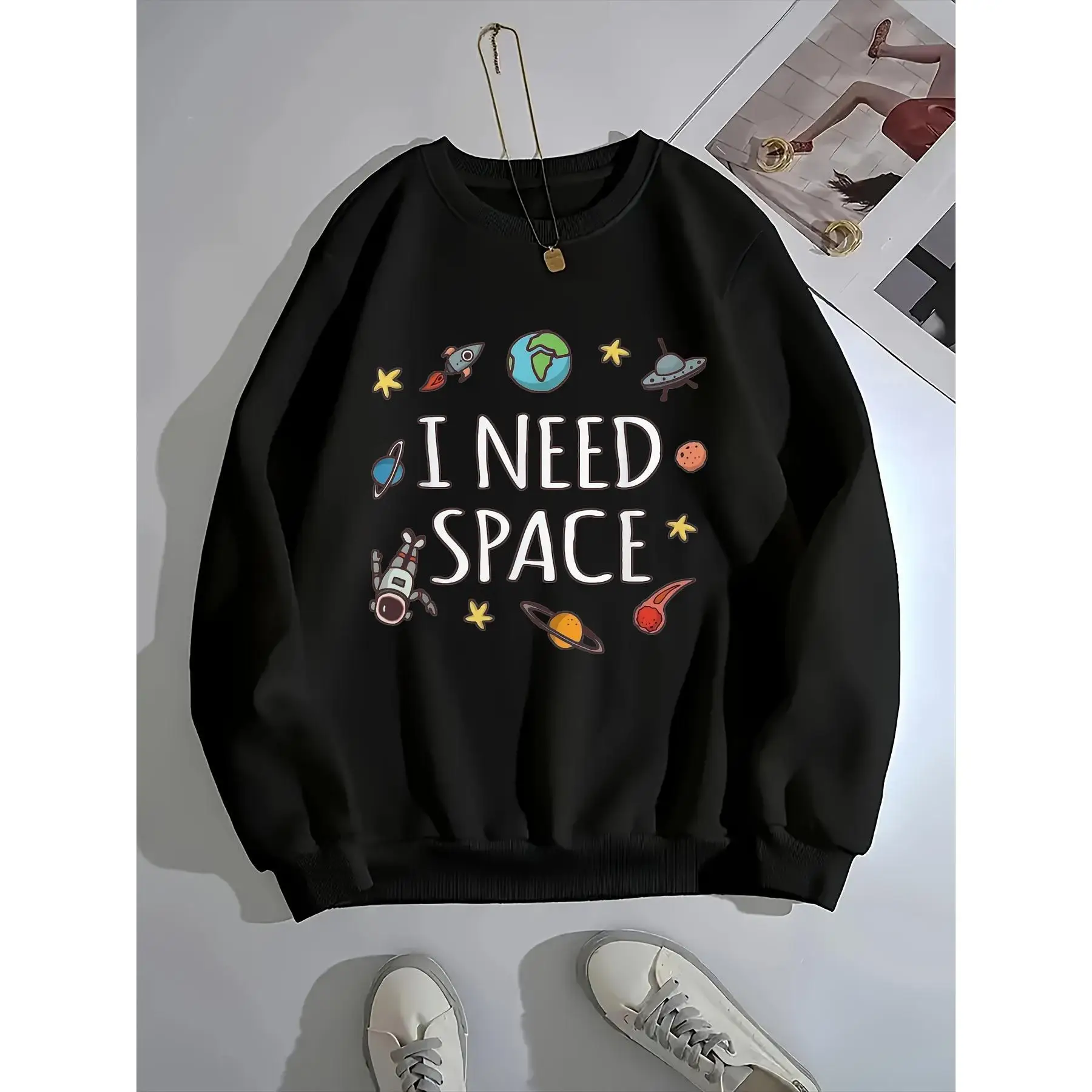 

Women's "I Need Space" Funny Graphic Sweatshirt, Cute Galaxy Print Pullover Tops, Casual Crewneck for Space Lovers